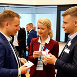 **

A group of Polish BHP Inspectors actively networking at a professional conference in Gdańsk. They are exchanging business cards, engaging in lively discussions about workplace safety challenges, and fostering connections. The conference setting is modern and vibrant, emphasizing the importance of building a strong network within the Polish BHP community. The scene should be set in Poland.